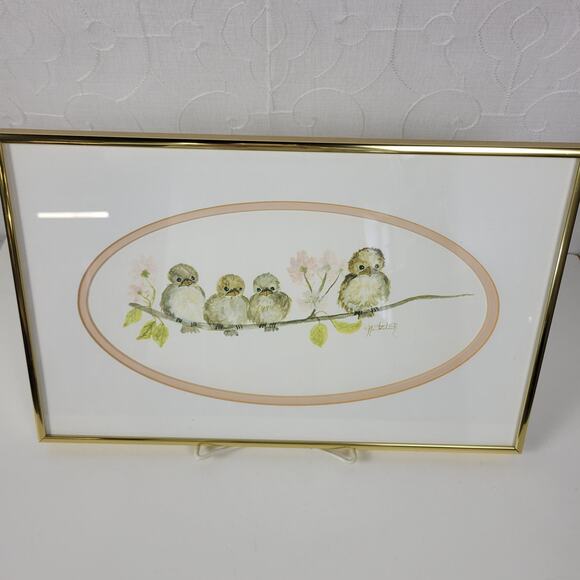 J. Metzler Watercolor Painting Birds on Roses Branch Nursery Framed Wall Art - Picture 1 of 15